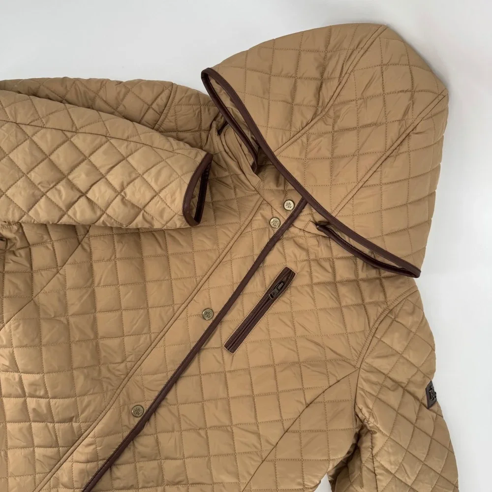 Lauren Ralph Lauren Quilted‎ Hooded Coat Tan XL Equestrian Lining NWT